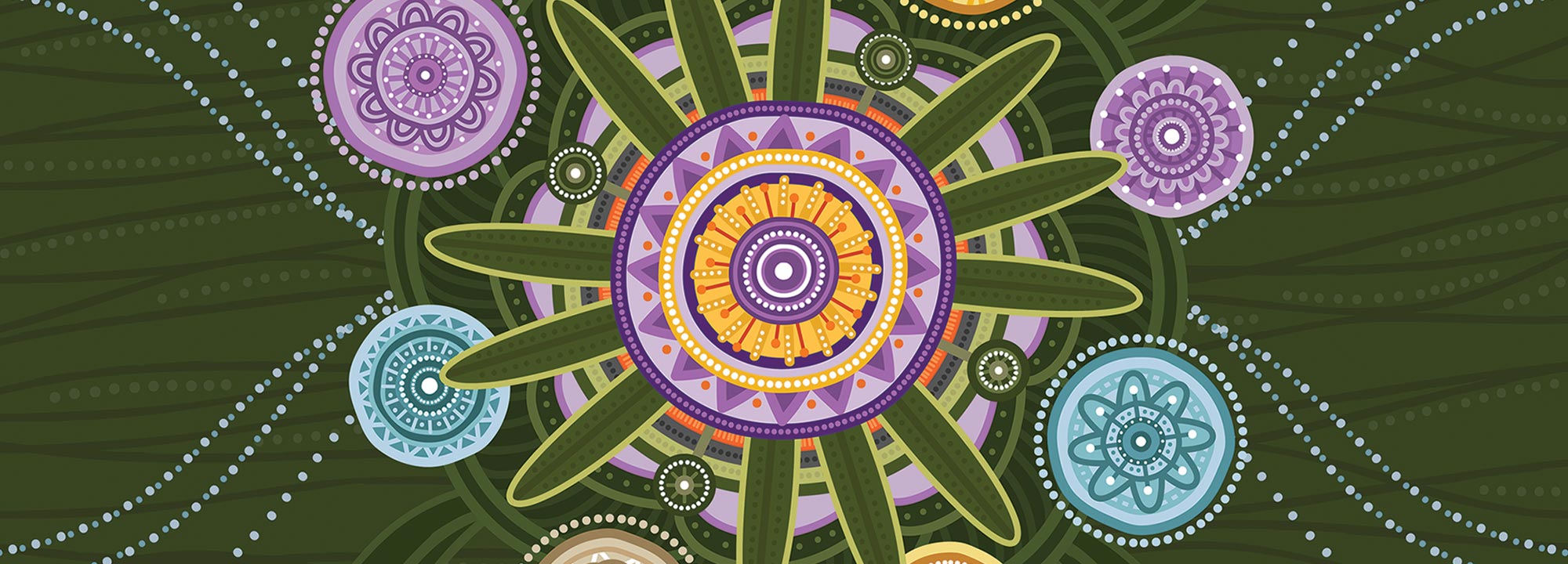 A colourful Aboriginal artwork depicting rejuvenation of the land, creating an environment of learning and healing, nurtured by UnitingCare business functions, surrounded by flowing freshwater and saltwater, connecting UnitingCare to people far and wide.