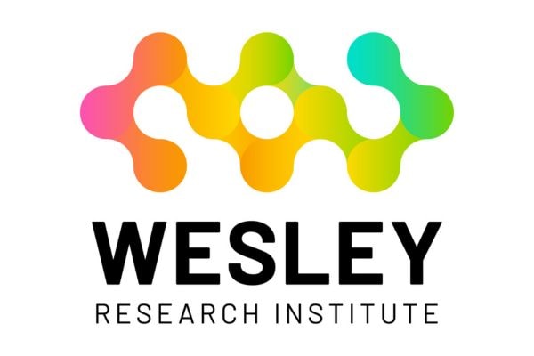 A multicoloured logo for Wesley Medical Research, on a white background.