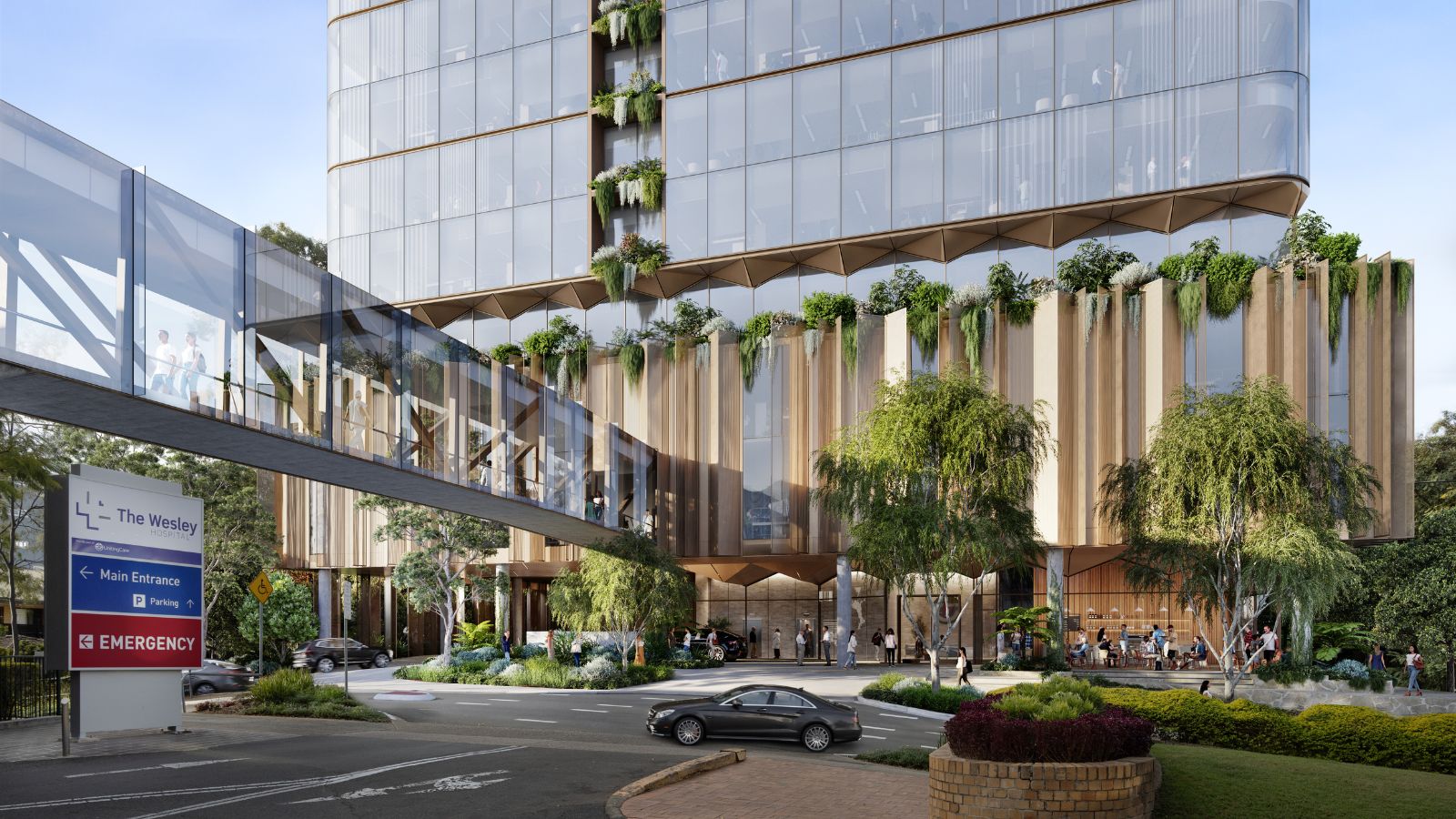 An artist's rendering of The Wesley Hospital expansion, showing a multi-story building linked to the hospital by a footbridge.