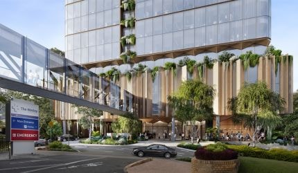 An artist's rendering of The Wesley Hospital expansion, showing a multi-story building linked to the hospital by a footbridge.